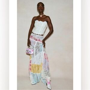 LoveShackFancy Obelia Silk Maxi Skirt Patchwork Rainbow Clouds 8 EUC